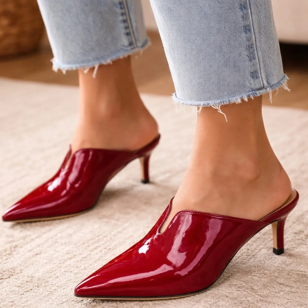 Napoleoni Red Patent Leather Mules Pointed Toe Kitten Heel Size 39 Made in Italy - Picture 2 of 14